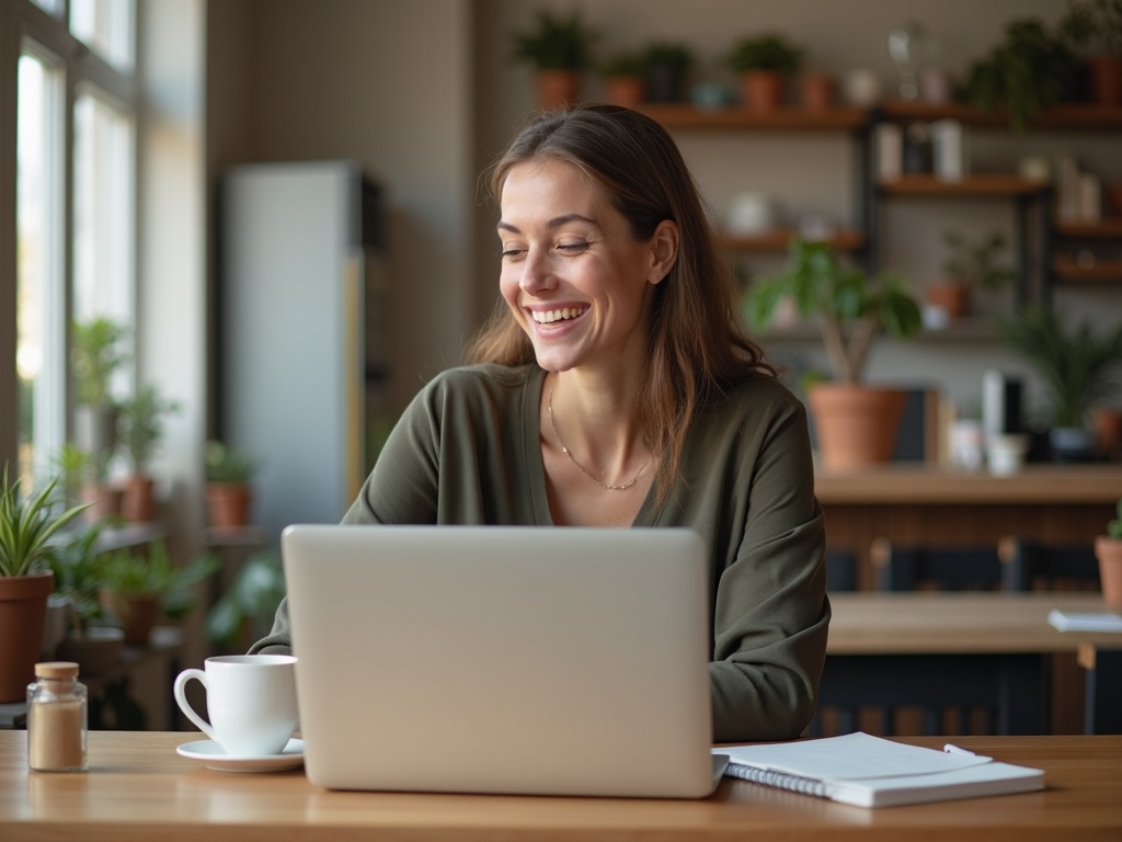 Ondernemer glimlacht terwijl ze op haar laptop de berichten bekijkt die via haar website binnenkomen.